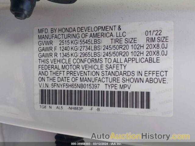 HONDA PILOT 2WD TOURING 7 PASSENGER, 5FNYF5H65NB015397