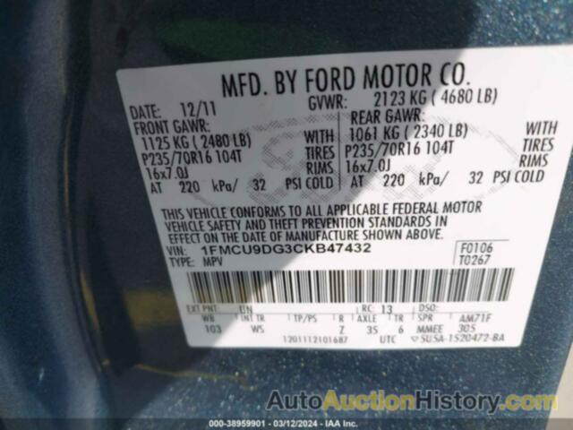 FORD ESCAPE XLT, 1FMCU9DG3CKB47432