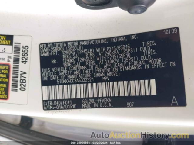 TOYOTA SIENNA LE, 5TDKK4CC3AS332321