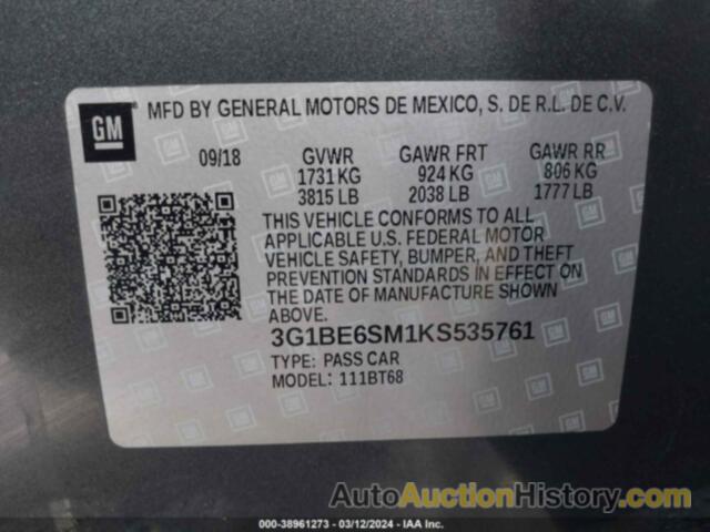 CHEVROLET CRUZE LT, 3G1BE6SM1KS535761