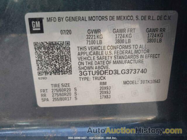 GMC SIERRA 1500 4WD  SHORT BOX SLT, 3GTU9DED3LG373740