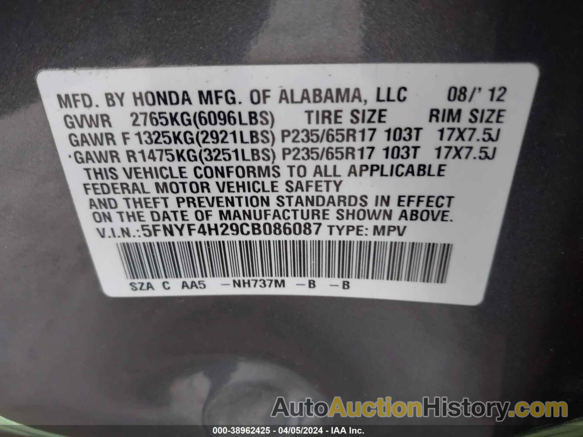 HONDA PILOT LX, 5FNYF4H29CB086087