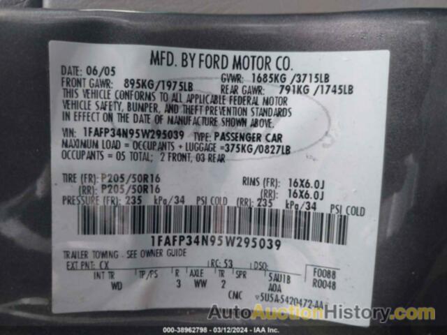 FORD FOCUS ZX4, 1FAFP34N95W295039