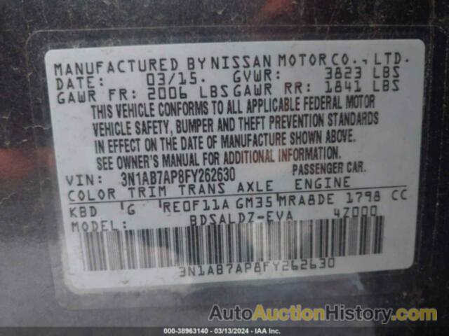 NISSAN SENTRA S/SV/SR/SL, 3N1AB7AP8FY262630