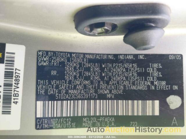 TOYOTA SIENNA LE, 5TDZA23C56S391173