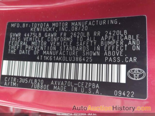 TOYOTA CAMRY XSE, 4T1K61AK0LU386425