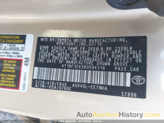 TOYOTA CAMRY LE/SE/XLE, 4T1BF3EKXBU594316