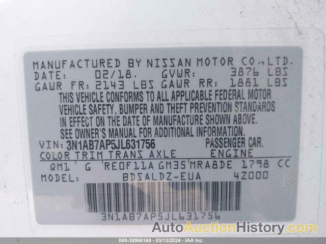 NISSAN SENTRA S/SV/SR/SL, 3N1AB7AP5JL631756