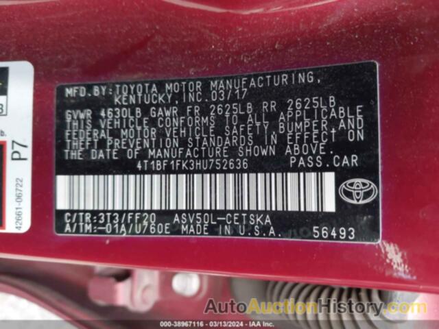 TOYOTA CAMRY LE/XLE/SE/XSE, 4T1BF1FK3HU752636