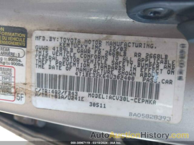 TOYOTA CAMRY LE, 4T1BE32K64U302400