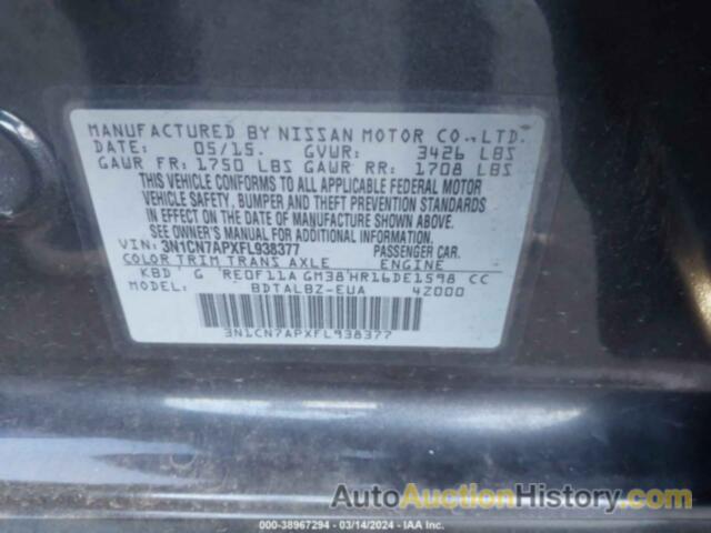 NISSAN VERSA S/S PLUS/SV/SL, 3N1CN7APXFL938377