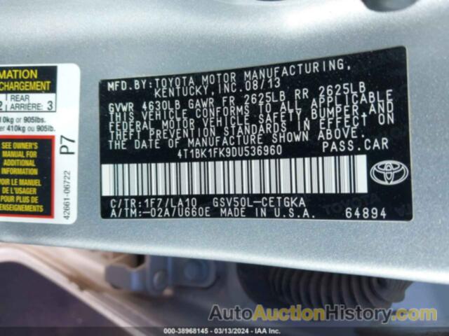 TOYOTA CAMRY XLE V6, 4T1BK1FK9DU536960