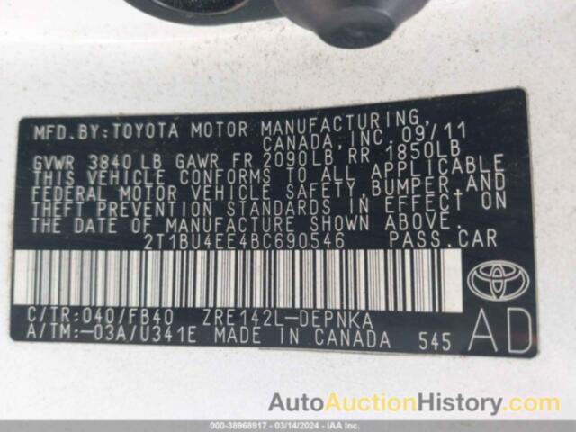 TOYOTA COROLLA S/LE, 2T1BU4EE4BC690546