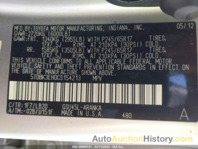 TOYOTA HIGHLANDER SE V6, 5TDBK3EH0CS154213