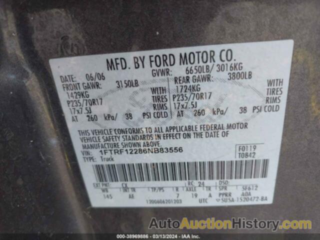 FORD F-150 STX/XL/XLT, 1FTRF12286NB83556