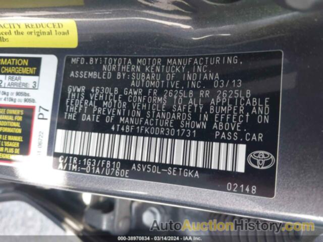 TOYOTA CAMRY XLE, 4T4BF1FK0DR301731