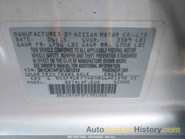 NISSAN VERSA S/S PLUS/SV/SL, 3N1CN7AP3FL951312