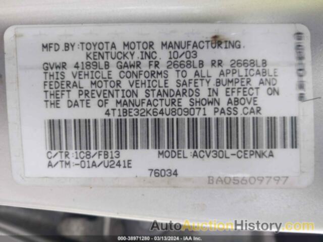 TOYOTA CAMRY LE, 4T1BE32K64U809071