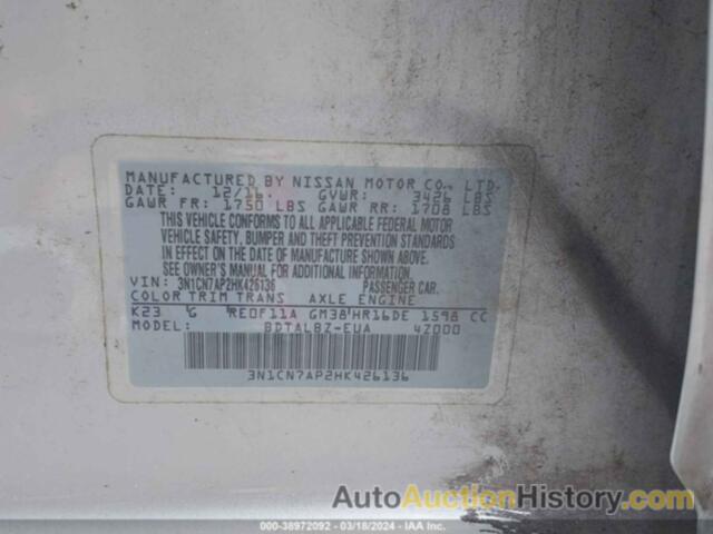 NISSAN VERSA S/S PLUS/SV/SL, 3N1CN7AP2HK426136