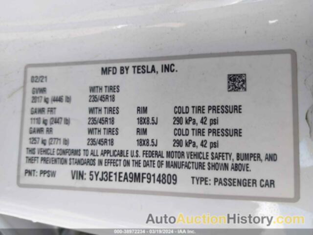 TESLA MODEL 3 STANDARD RANGE PLUS REAR-WHEEL DRIVE, 5YJ3E1EA9MF914809