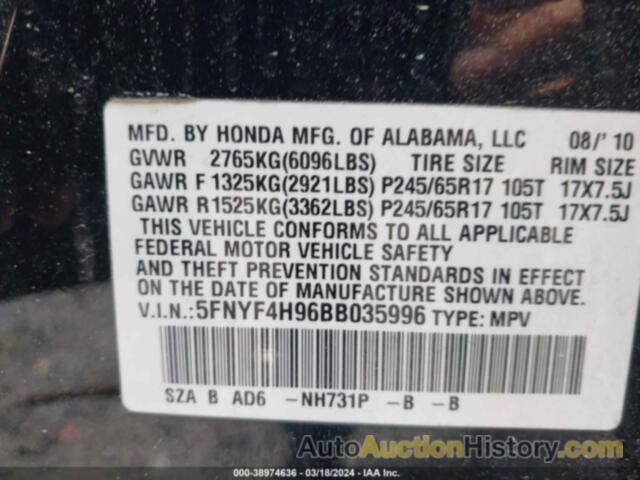 HONDA PILOT TOURING, 5FNYF4H96BB035996