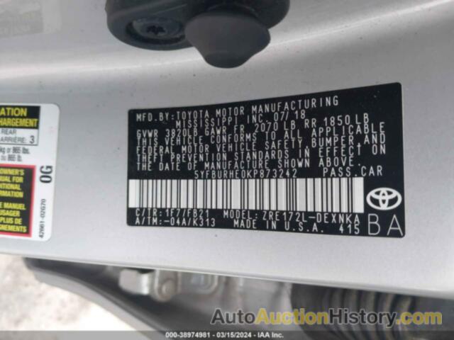 TOYOTA COROLLA L/LE/XLE/SE/XSE, 5YFBURHE0KP873242