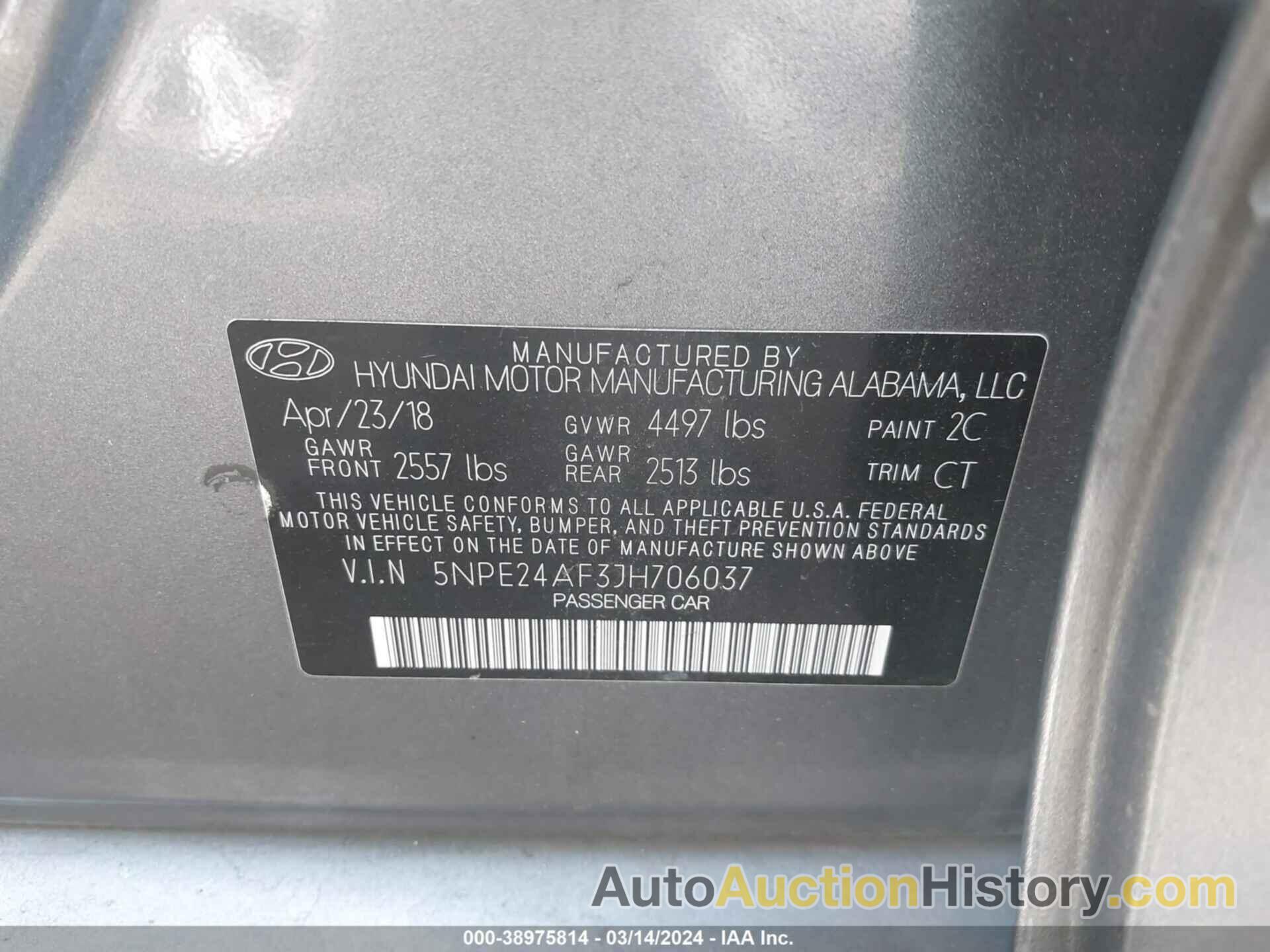 HYUNDAI SONATA SE, 5NPE24AF3JH706037