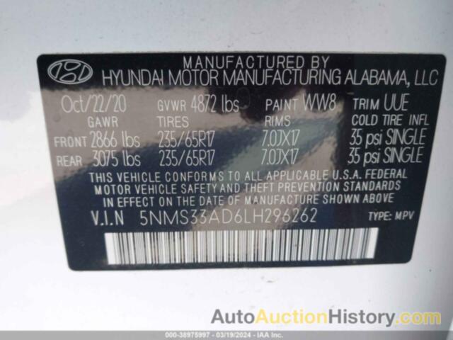 HYUNDAI SANTA FE SEL, 5NMS33AD6LH296262