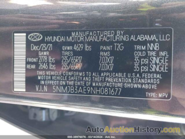 HYUNDAI TUCSON SEL, 5NMJB3AE9NH081677