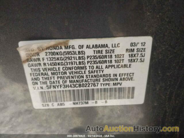 HONDA PILOT EX, 5FNYF3H43CB022767