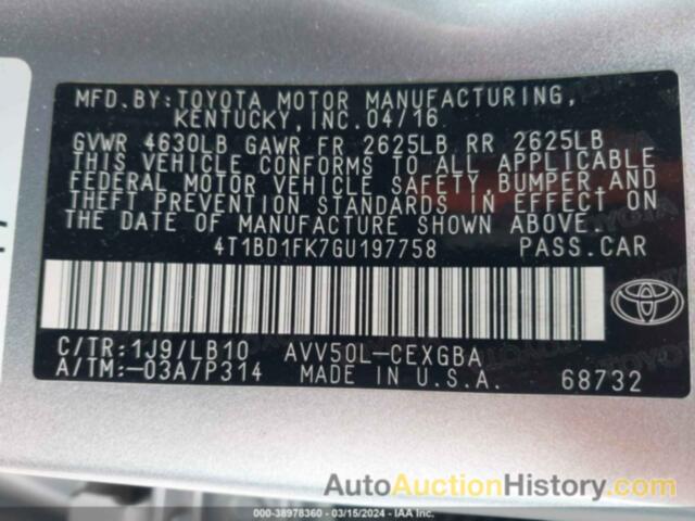 TOYOTA CAMRY HYBRID XLE, 4T1BD1FK7GU197758