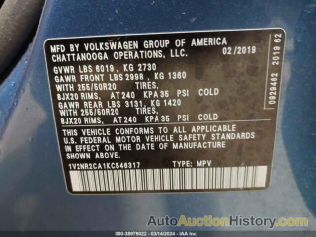 VOLKSWAGEN ATLAS SEL PREMIUM, 1V2NR2CA1KC546317