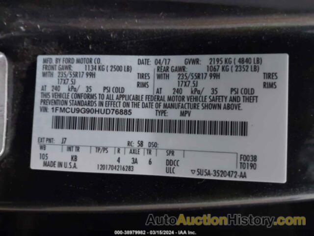 FORD ESCAPE SE, 1FMCU9G90HUD76885