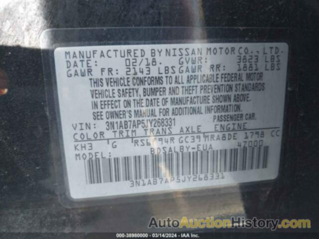 NISSAN SENTRA S, 3N1AB7AP5JY268331