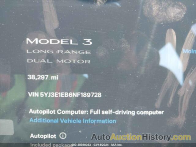 TESLA MODEL 3 LONG RANGE DUAL MOTOR ALL-WHEEL DRIVE, 5YJ3E1EB6NF189728