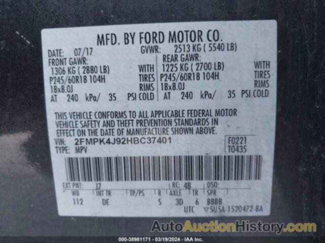 FORD EDGE SEL, 2FMPK4J92HBC37401