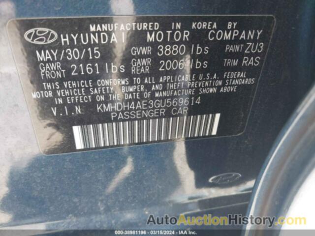 HYUNDAI ELANTRA SE/SPORT/LIMITED, KMHDH4AE3GU569614