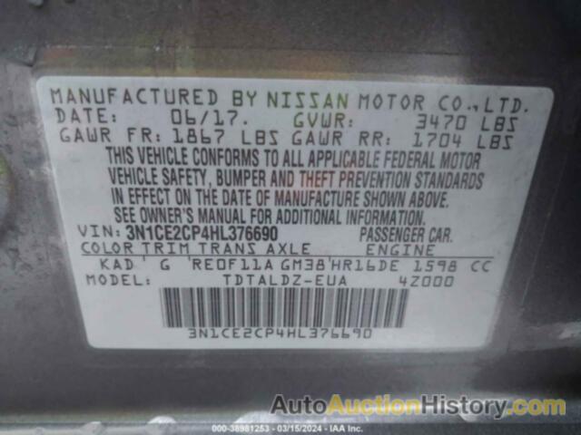 NISSAN VERSA NOTE SV, 3N1CE2CP4HL376690