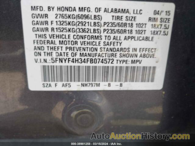 HONDA PILOT SE, 5FNYF4H34FB074572