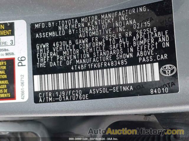 TOYOTA CAMRY LE/XLE/SE/XSE, 4T4BF1FK6FR483485