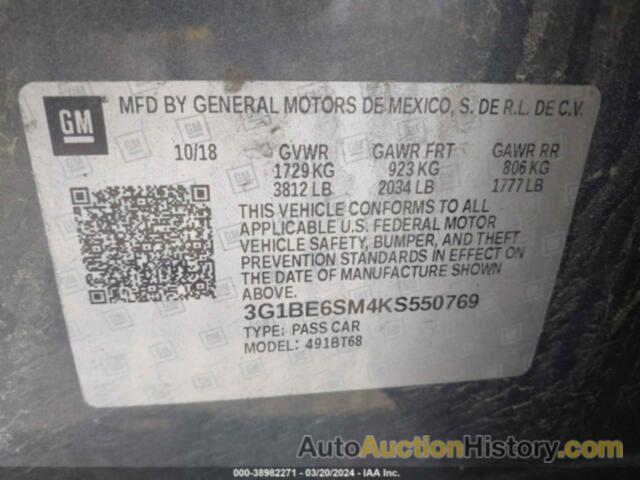 CHEVROLET CRUZE LT, 3G1BE6SM4KS550769