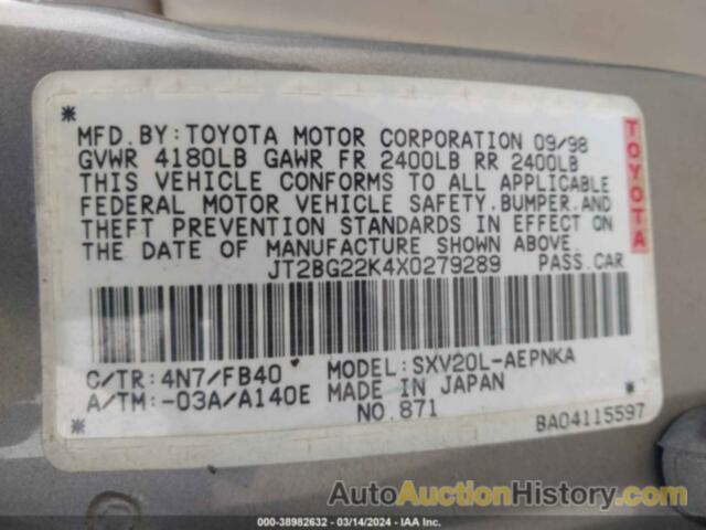 TOYOTA CAMRY LE, JT2BG22K4X0279289