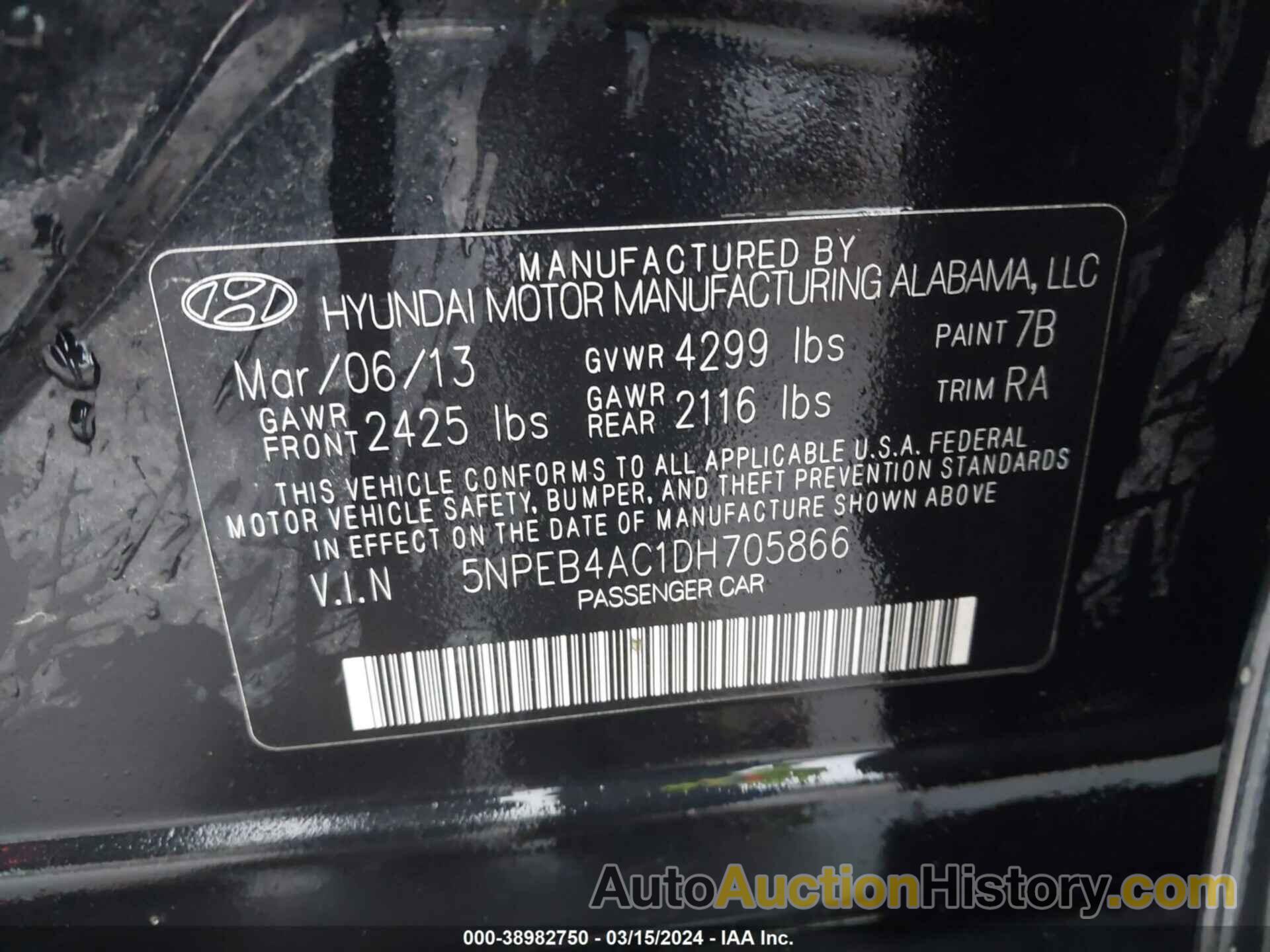 HYUNDAI SONATA GLS, 5NPEB4AC1DH705866