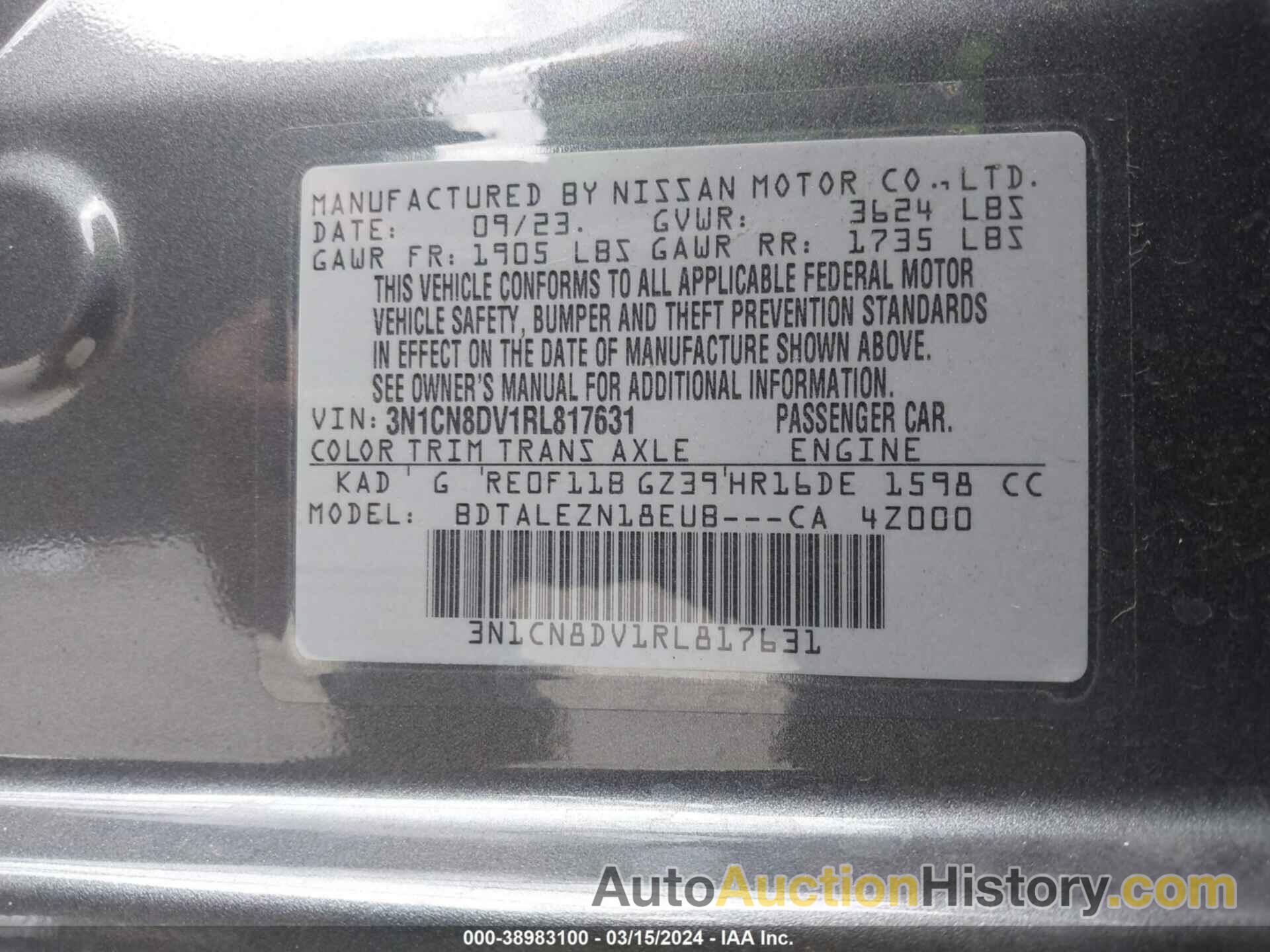 NISSAN VERSA S, 3N1CN8DV1RL817631