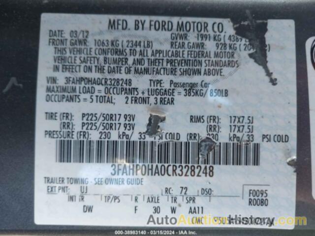 FORD FUSION SE, 3FAHP0HA0CR328248