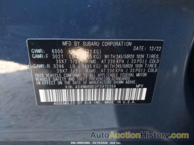 SUBARU ASCENT TOURING 7-PASSENGER, 4S4WMAWD0P3410364