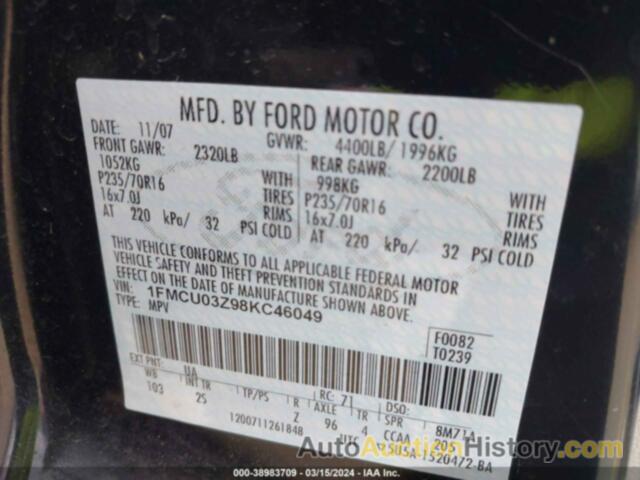 FORD ESCAPE XLT, 1FMCU03Z98KC46049