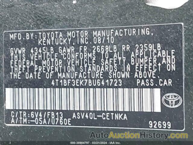 TOYOTA CAMRY LE, 4T1BF3EK7BU641723