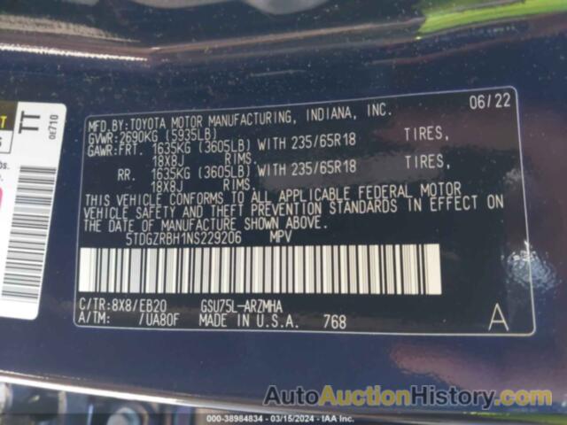 TOYOTA HIGHLANDER XLE, 5TDGZRBH1NS229206