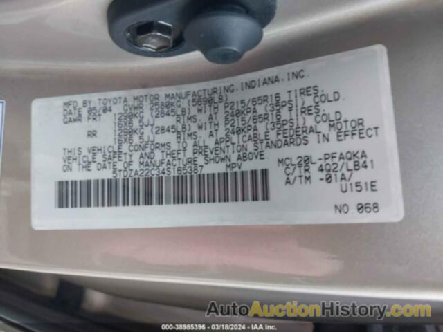 TOYOTA SIENNA XLE, 5TDZA22C34S165387